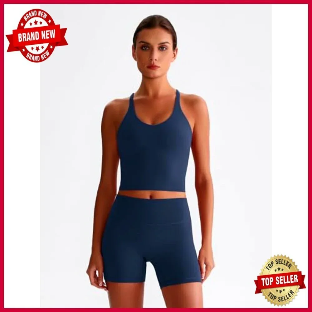 Cross Back Sports Bra Tank High Waist Biker Shorts 2 Piece Workout Set_2